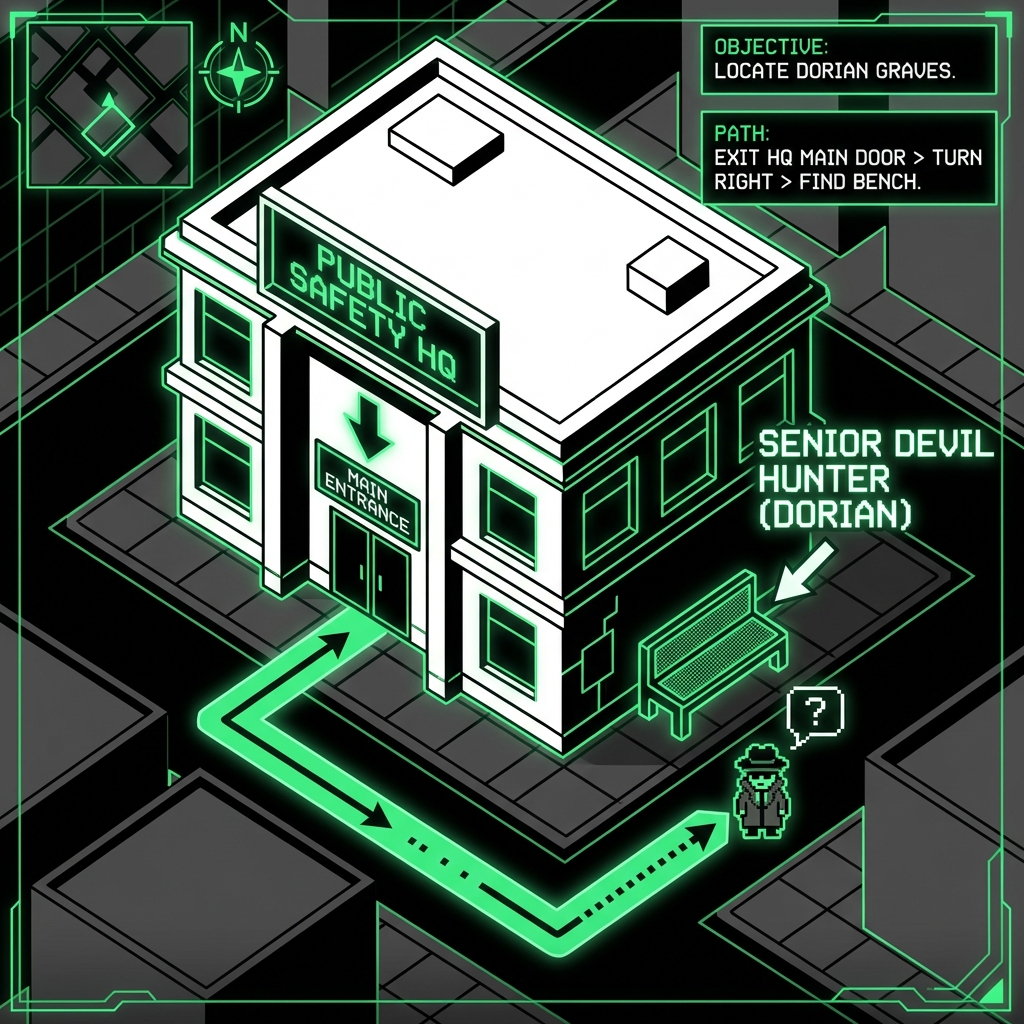 Map showing path from Public Safety HQ to Dorian Graves Bench